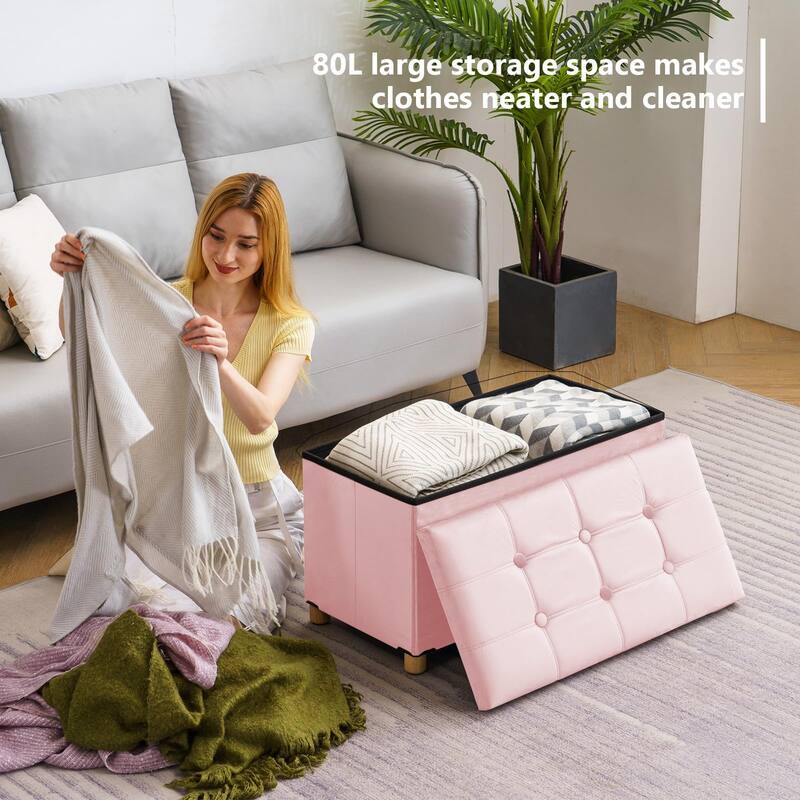 30 Inches Folding Storage Ottoman Bench, Velvet Storage Chest, Footrest Couch with Wooden Legs, Support 350lbs
