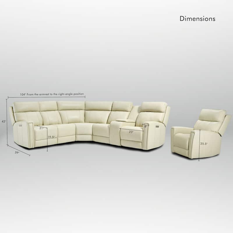 104" W 6 Seater Genuine Leather Power Sectional and 39" W Recliner Set with Zero Gravity, USB Ports, 2 Stationary Armlesschairs