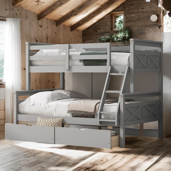 slide 2 of 12, Twin Over Full Bunk Bed with Ladder, Two Storage Drawers, Safety Guardrail Grey