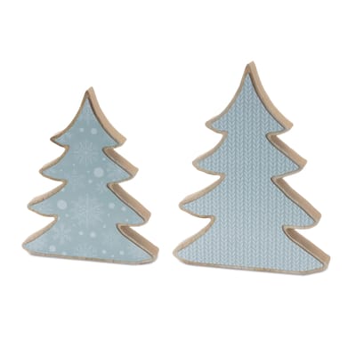 Set of 2 Blue Beige Pine Tree Christmas Tabletop Decorations 11.75"