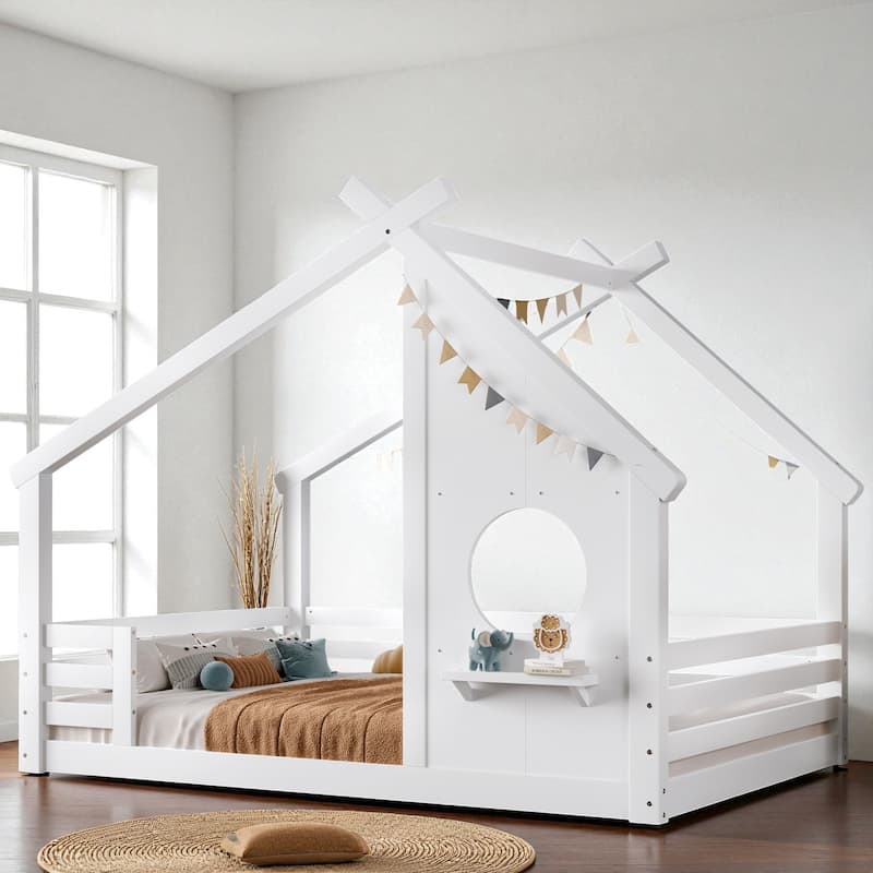 Twin/Full Size Solid Wood House Floor Bed with Window and Shelf, Montessori Low Bed Frame for Kids, No Box Spring Needed