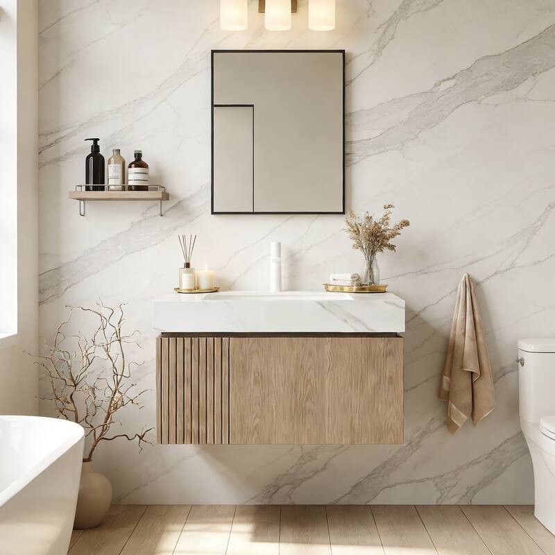 Floating Storage Bathroom Vanity with 1 Pre-drilled Faucet Hole - 30 - Light Brown