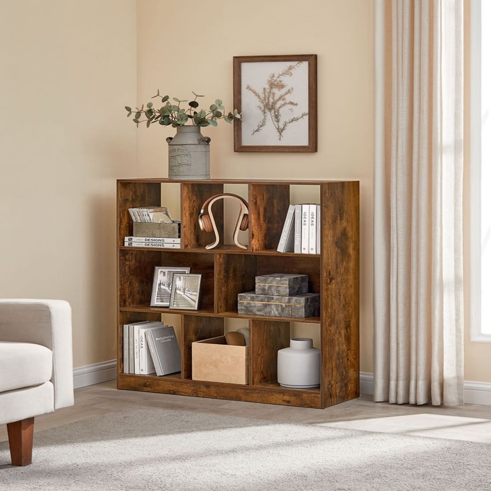 Rustic Brown 8-Cube Bookshelf with Open Storage Compartments for