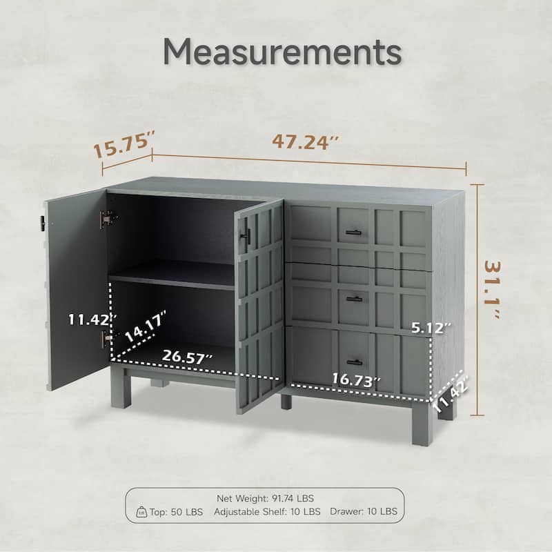 COZAYH Minimalist Sideboard Buffet Cabinet with 2 Doors & 3 Drawers, Modern Grid Carved Pine Front Storage Cabinet