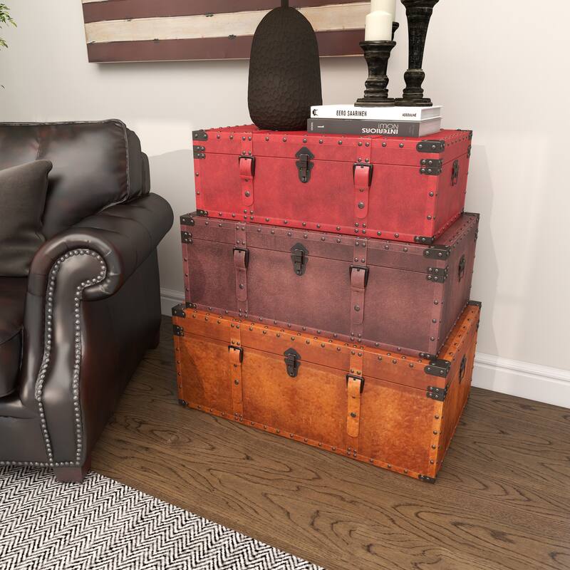 Brown Wood Nesting Upholstered Decorative Trunk with Vintage Accents and Studs (Set of 3)
