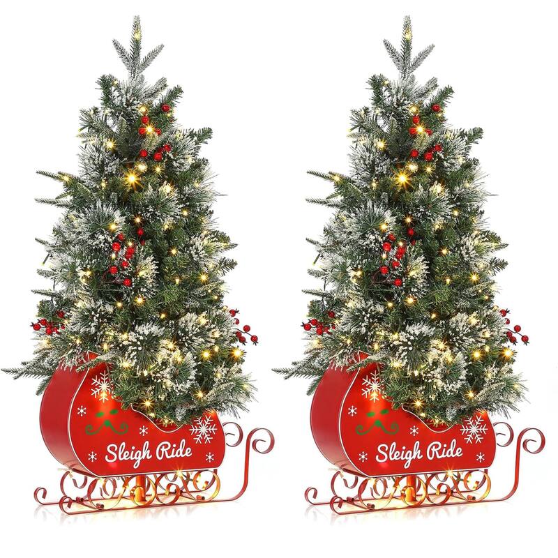 3Ft Snow Flocked Artificial Christmas Tree with Sleigh Base - N/A - Green 2 Pcs