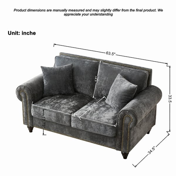 dimension image slide 1 of 2, 63" Velvet Upholstered Sofa with Curved Armrests, Luxurious Accent Sofa Couch Loveseat with Nailheads