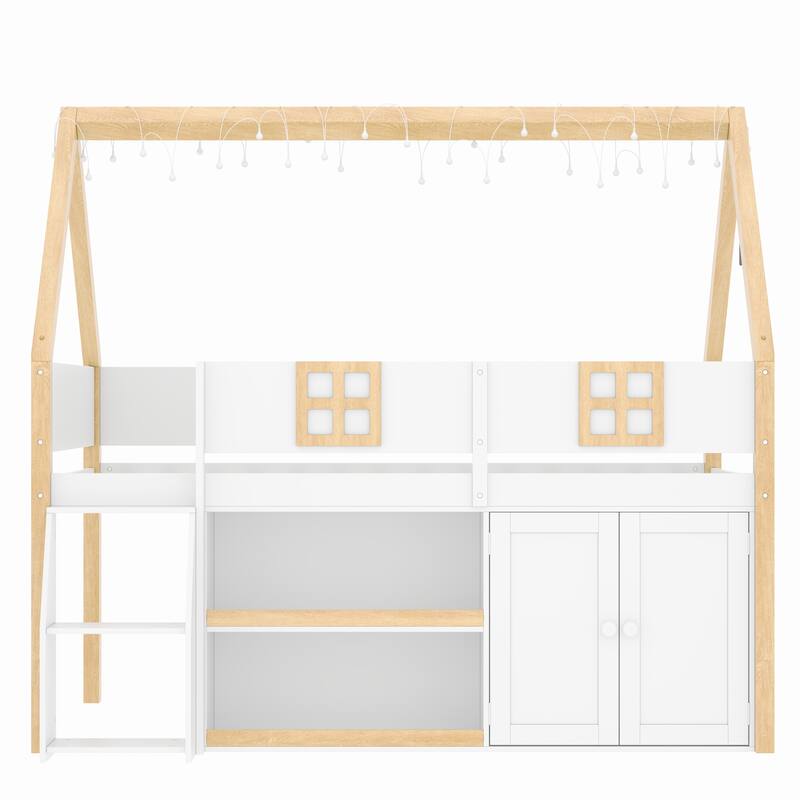 Low Profile Loft Bed with Step Staircase & Storage Cabinets, LED Lights & Shelving, Available in Full or Twin
