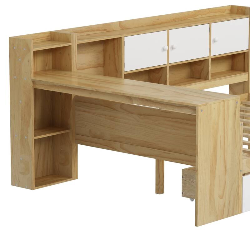 Modern Wooden L-shape Multi-functional Daybed with Study Desk and Built-in Bookshelf
