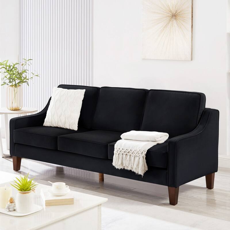 Modern Velvet Upholstered 3 Seater Sofa with Scooped Armrest/Wood legs - Black