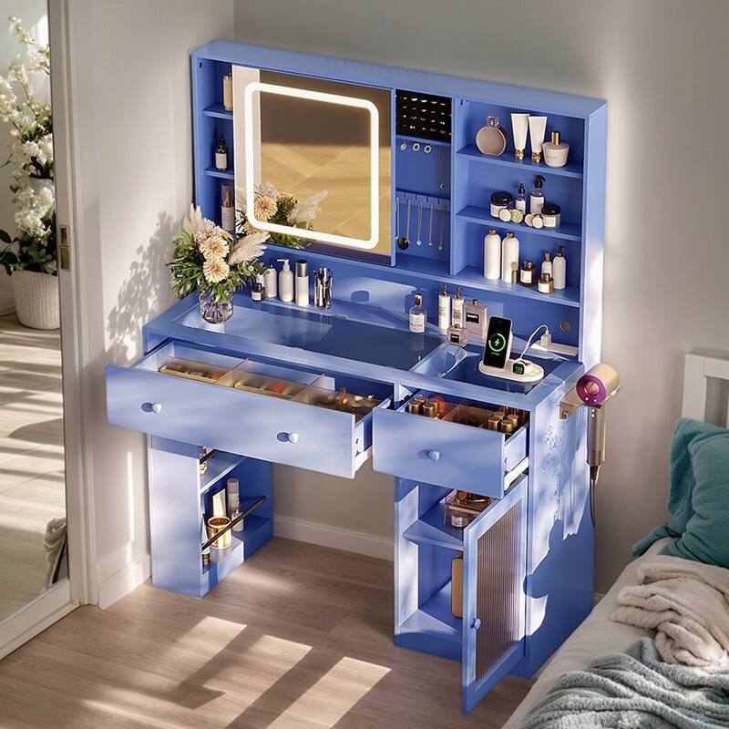 Particle Board Veneered , 2 Drawers, 1 Glass Door, Left and Right 2-tier Shelves, Glass Tabletop, Dressing Table - N/A