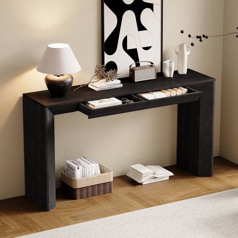 60"Modern Farmhouse Console Table with 2 Concealed Drawers,Waterfall Design Entryway Table with Thickened Legs&Rustic Wood Grain