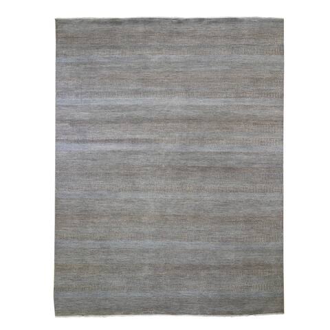Shahbanu Rugs Brown with Touches of Light Blue Grass Design Wool and Silk Hand Knotted Oriental Rug (8'10" x 12'2")