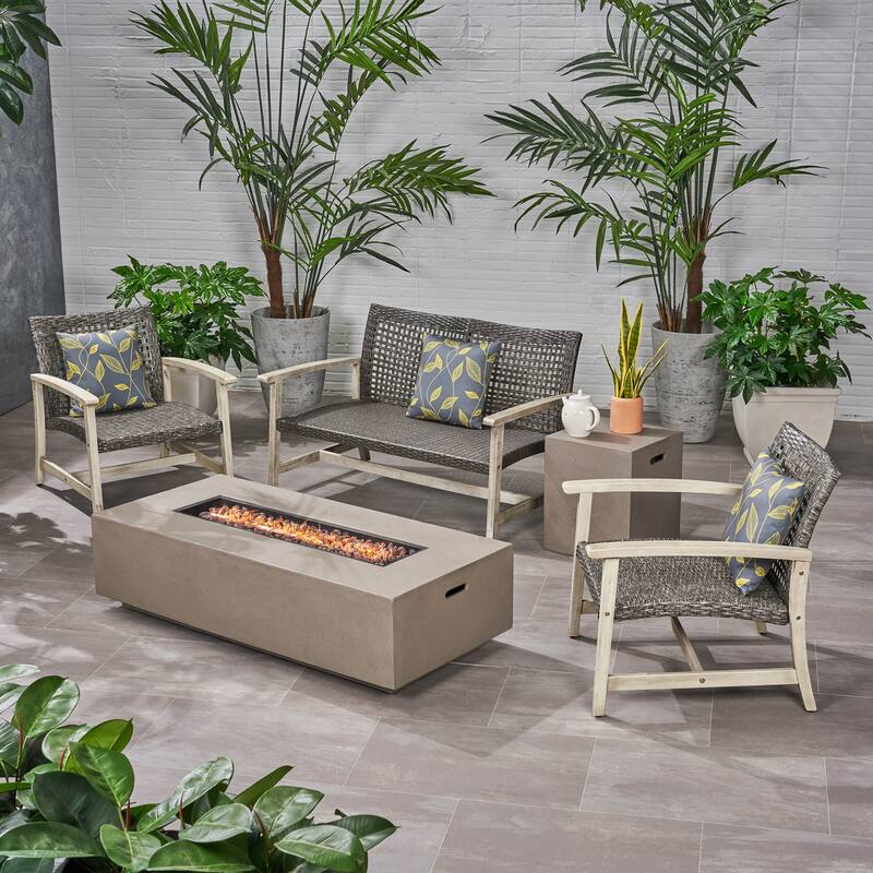 Augusta Outdoor Acacia Wood and Wicker 4 Seater Chat Set with Fire Pit by Christopher Knight Home - Light Grey/Mixed Black