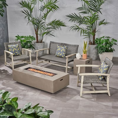 Augusta Outdoor Acacia Wood and Wicker 4 Seater Chat Set with Fire Pit by Christopher Knight Home