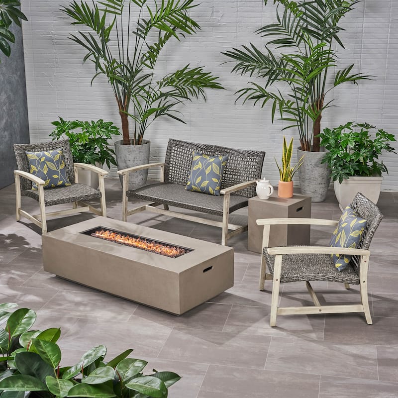 Augusta Outdoor Acacia Wood and Wicker 4 Seater Chat Set with Fire Pit by Christopher Knight Home