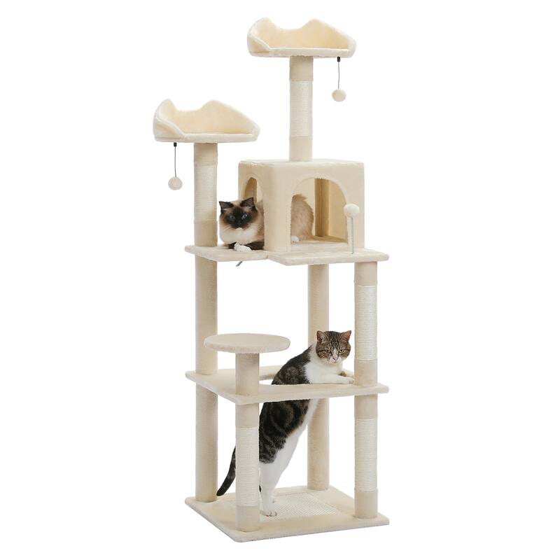 63" Indoor Large Cat Tree Cat Tower with Scratching Pad and Cozy Condo - Beige