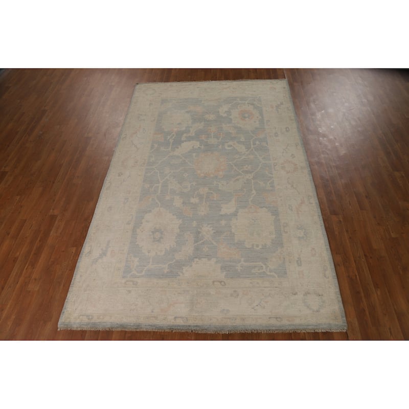 Vegetable Dye Blue Oushak Turkish Rug Hand-Knotted Wool Carpet - 5'11"x 9'7"