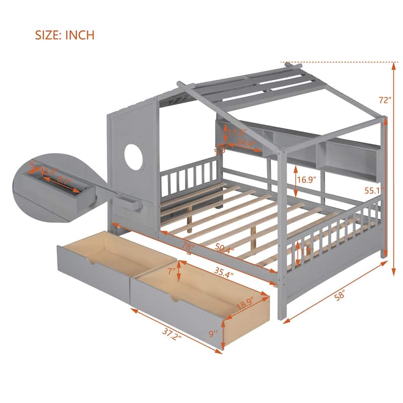 Full Wooden House Bed with Roof, Drawers, and Shelf