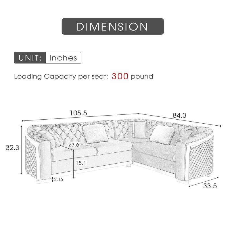 106 Inches L-Shaped Chesterfield Sectional Sofa Set, Velvet Button Tufted with Gold Stainless Steel Accents, Black