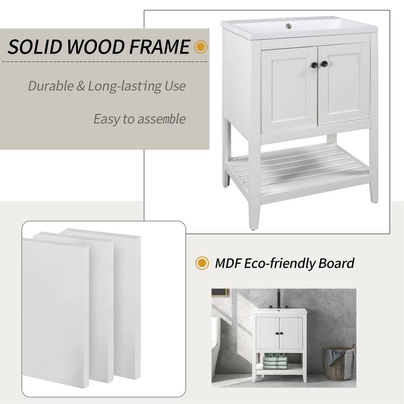 24" Bathroom Vanity Ceramic Sink with Solid Wood Frame Open Style Shelf