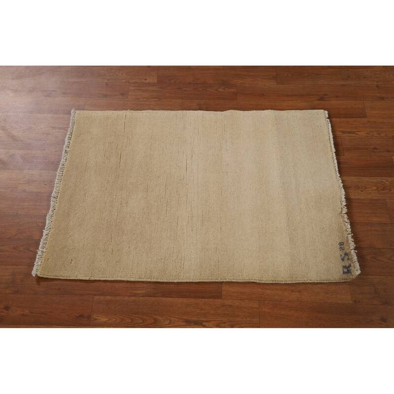 Gabbeh Modern Rug Hand-Knotted Solid Beige Wool Carpet - 2'1"x 2'10"
