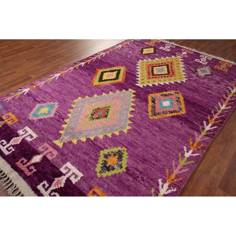 Purple Plush Moroccan Oriental Area Rug Handmade Wool Carpet - 6'1" x 9'5"