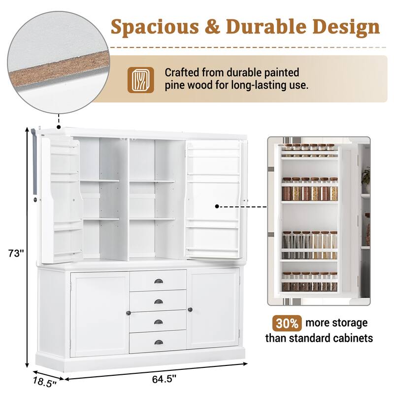 Roomfitters Kitchen Pantry Organizers and Storage Kitchen Cabinet, Hutch with Microwave Stand, 4 Drawers, Spice Racks