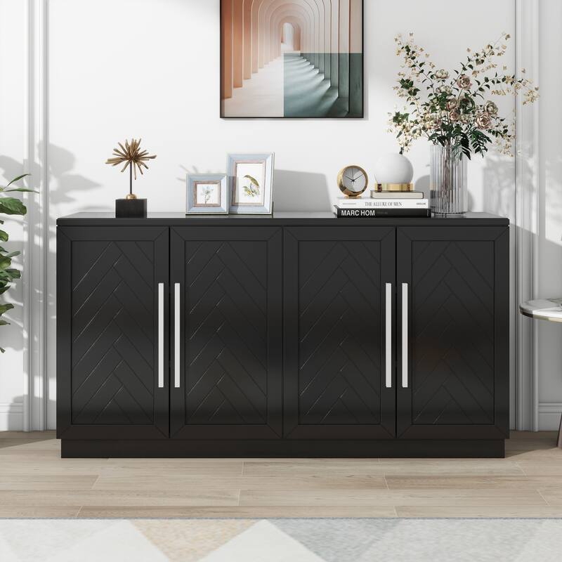 Sideboard with 4 Doors Large Storage Space Buffet Cabinet with Adjustable Shelves and Silver Handles for Kitchen, Dining Room
