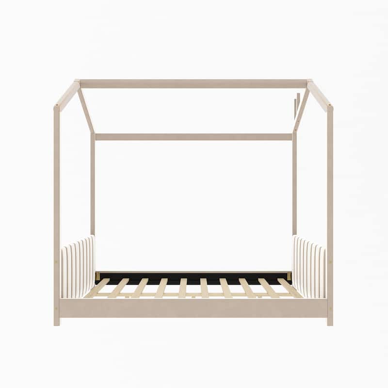 Velvet Upholstered House Bed for Kids, Twin/Full Size with Modern Roof Design