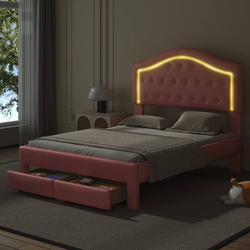 Upholstered Platform Bed with Tufted Headboard, LED and 2 Drawers, Pink