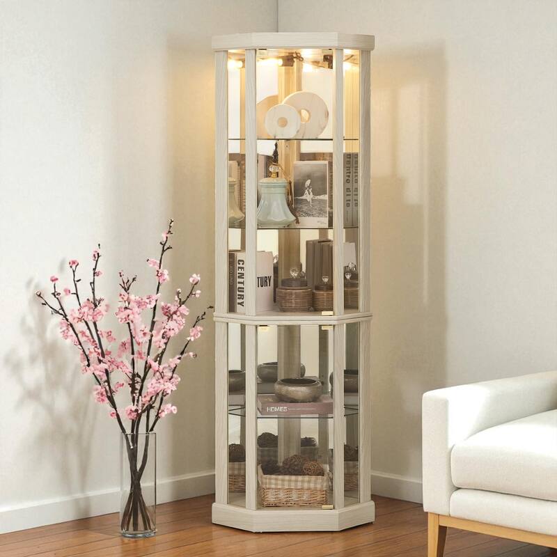 Corner Lighted Glass Curio Cabinet with Doors, Shelves and Mirrored Back for Display and Storage
