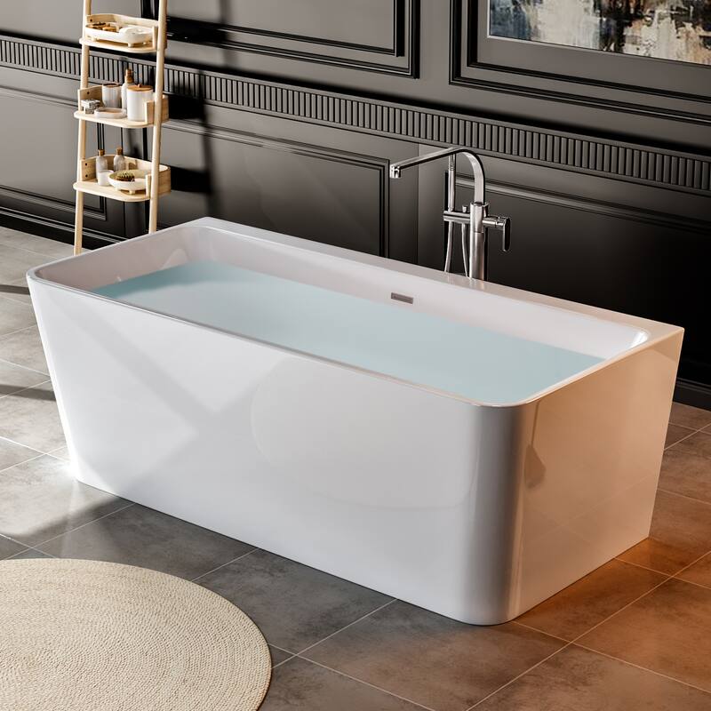 Empava 67 in. x 37.5 in. BACK TO WALL Flat Bottom Bath Tub Soaking Bathtub with Center Drain in White