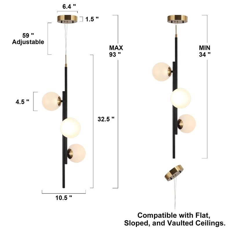 Modern Linear Glam LED Chandelier with Globe Glass for Entryway - W10.5" x H34"-93"