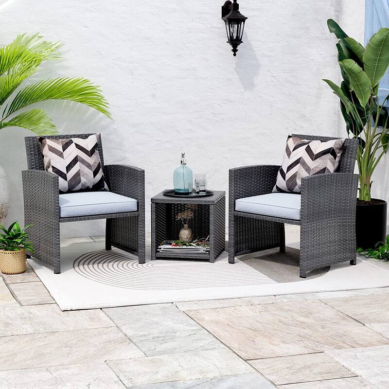 3 Pieces Rocking Bistro Set, Patio Rattan Furniture Conversation Chairs with Coffee Table & Cushions for Balcony Porch Poolside