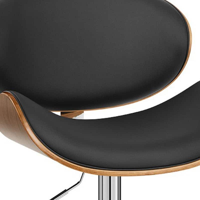 Black Faux Leather Adjustable Height Swivel Bar Chair with Chrome and Wood Pedestal - 20” x 21” x 41” (D x W x H)