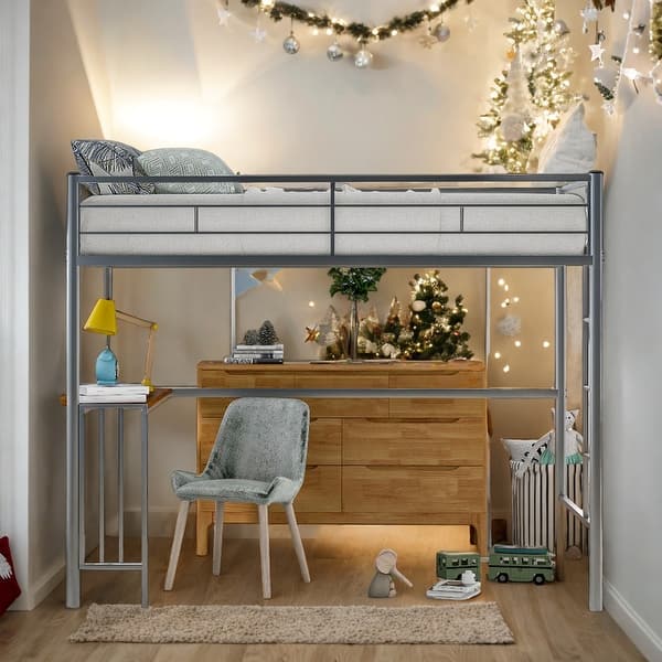 slide 2 of 42, Modern Twin over Twin Metal Bunk Bed with Desk, Ladder and Guardrails For Bedroom,Dorm,Kids Silver