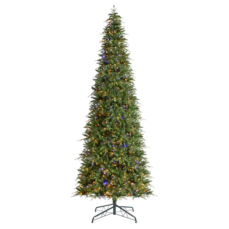 Glitzhome 11ft Pre-Lit Green Slim Fir Artificial Christmas Tree with 850 LEDs & 9 Light-Modes