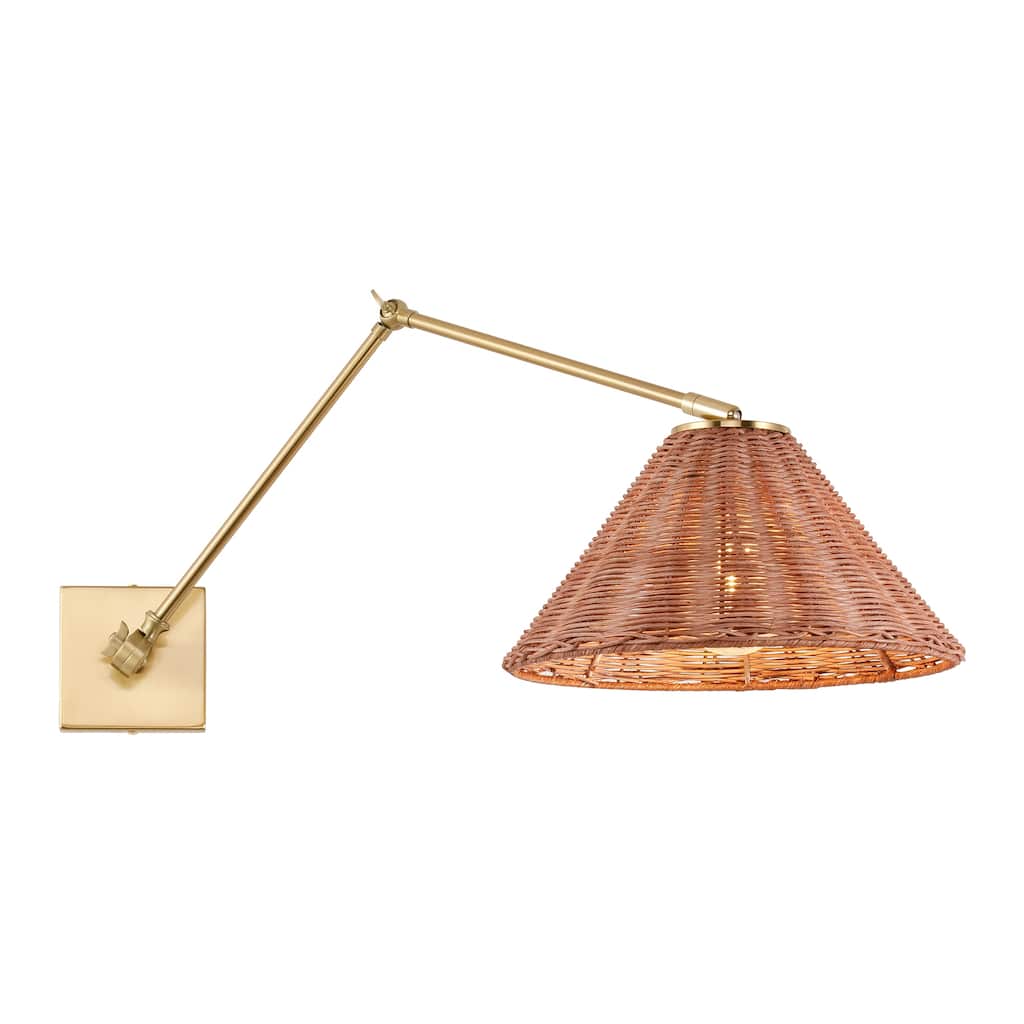 Vintage Brass Swing-Arm Sconce with Handwoven Rattan Shade