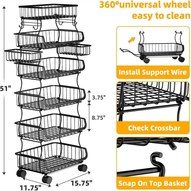 6 Tier Rolling Cart Stackable Fruit Vegetable Basket with Wheels and 2 Hanging Basket - 11.75"D x 15.75"W x 51"H