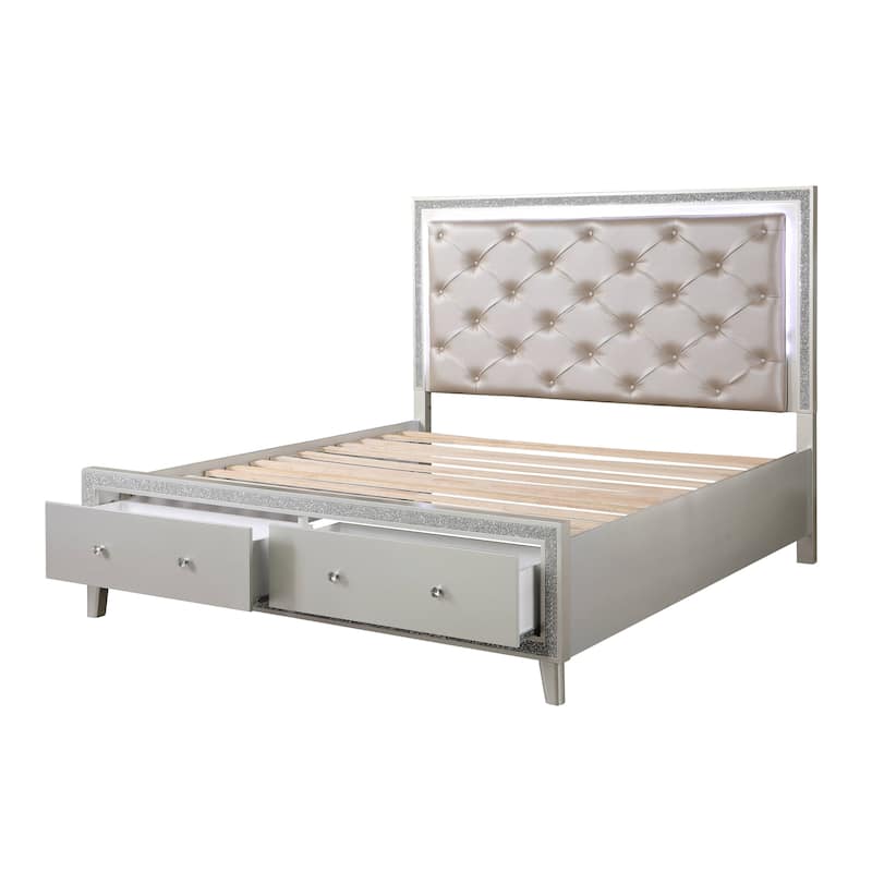 Glendena Beige and Champagne Tufted Bed with 2-Drawer