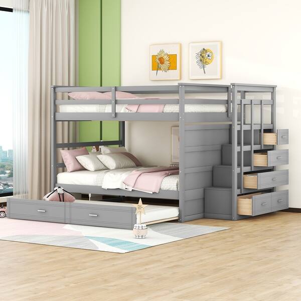 slide 2 of 45, Full Over Full Bunk Bed with Trundle and Staircase - Durable Frame for Kids and Teens Gray