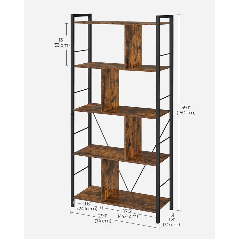 5 Tier Shelving Unit with Open Compartments for Office, Living Room, Bedroom, Industrial Style - 29.1" x 11.8" x 59.1"