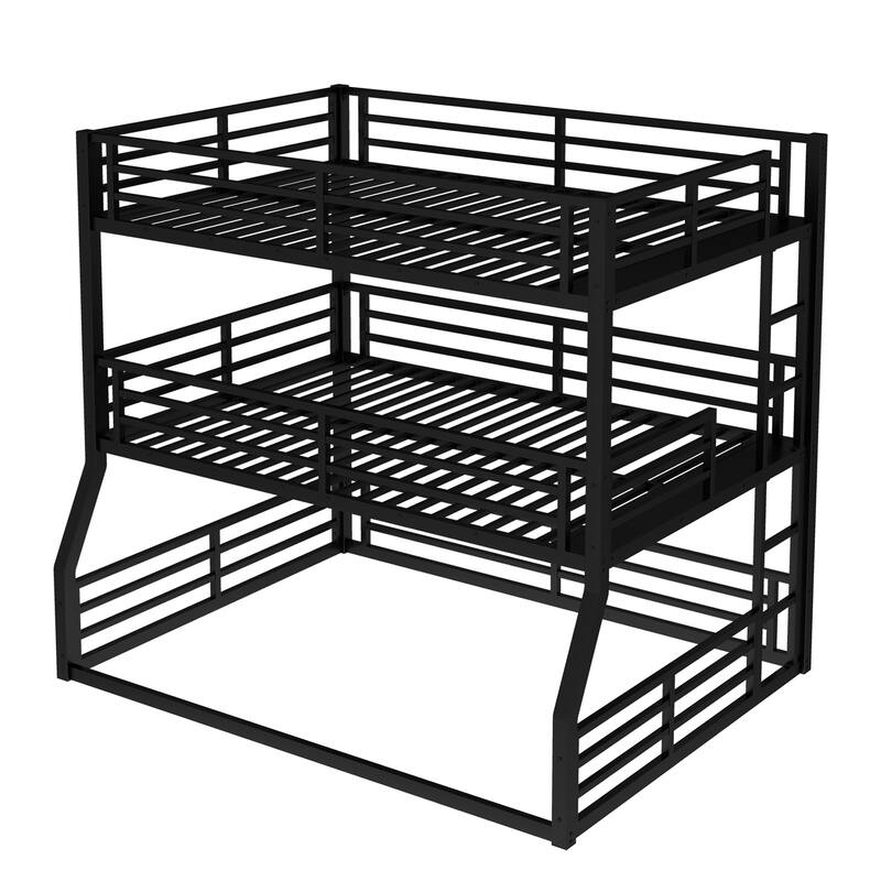 Full/Full XL over Full/Full XL over Queen Bunk Bed, Metal Triple Bunk Bed with Safety Guardrails, Heavy-duty Bunk Bed