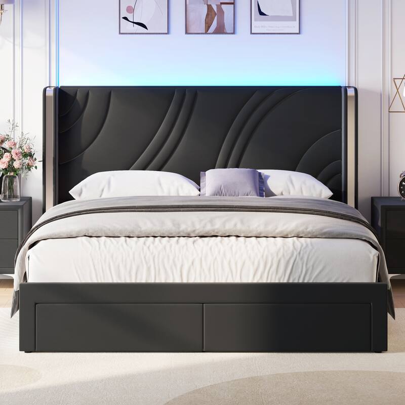 King Size Modern Upholstered LED Bed Frame - Black