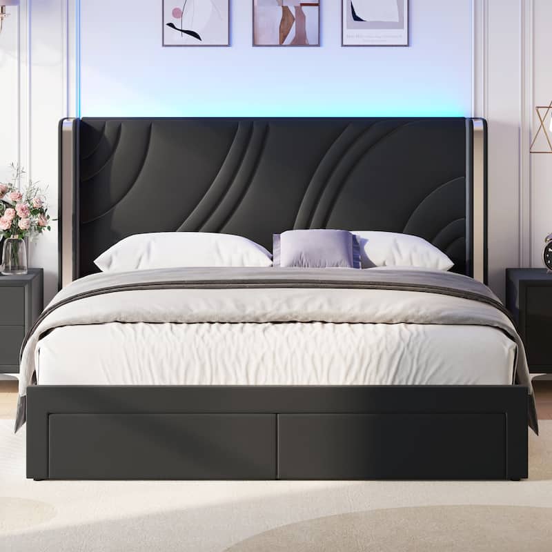 Queen Size Modern Upholstered LED Bed Frame - Black