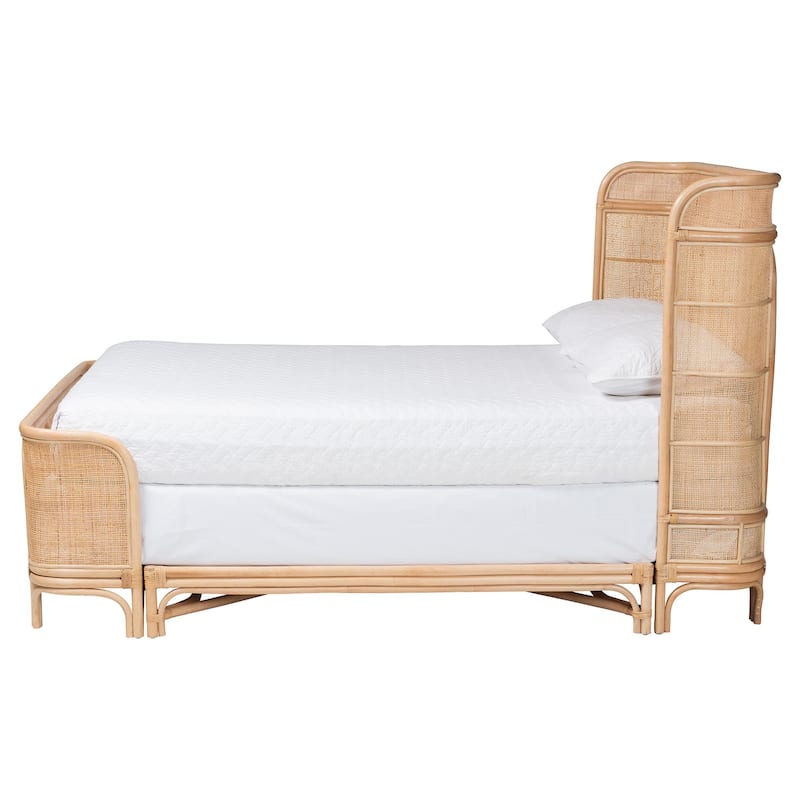 Fiore Natural Rattan Bed Frame - Handwoven Wicker Headboard and Footboard with Curved Corners, Boho Coastal Furniture, Queen