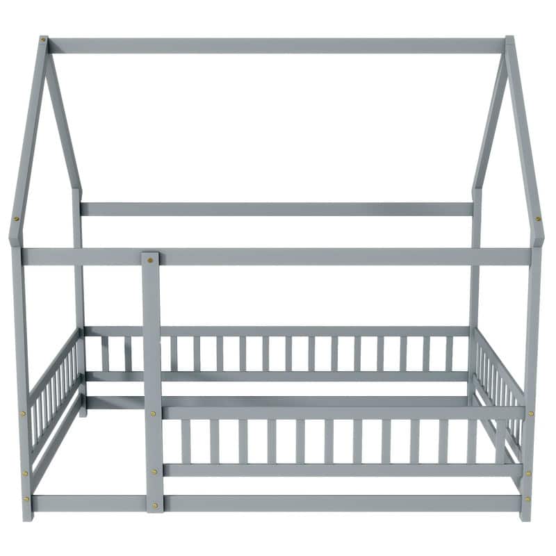 Full Size Wooden House Floor Bed with Roof Frame, Safety Guardrails