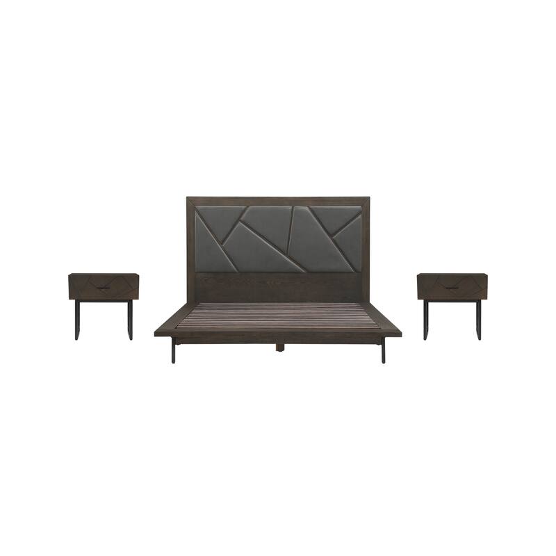 Coastal Bedroom Set Oak Wood Bed Frame with Faux Leather Headboard & Nightstands