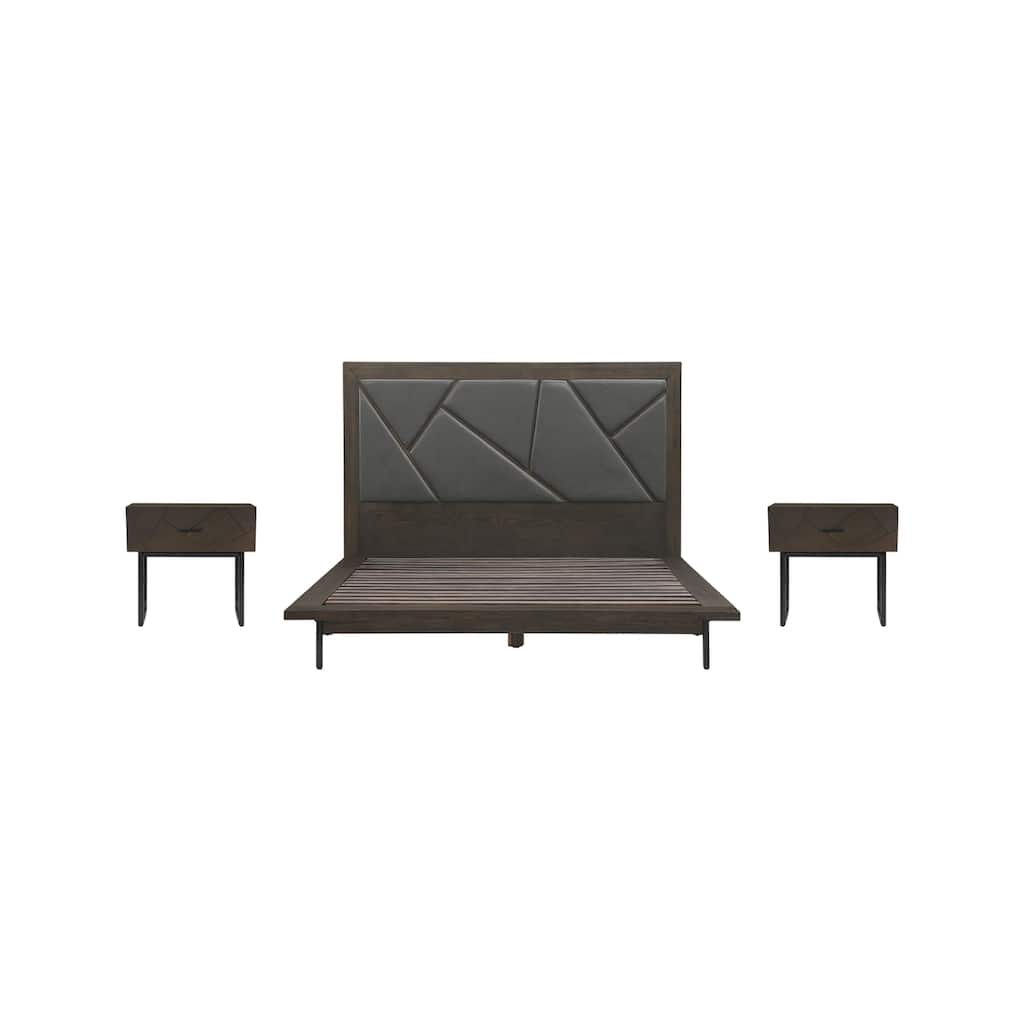 Coastal Bedroom Set Oak Wood Bed Frame with Faux Leather Headboard & Nightstands